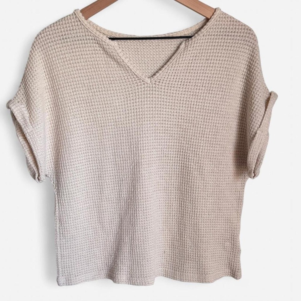Cream Waffle Knit V Neck Top Short Sleeve Cuffed Thermal Shirt Sz L